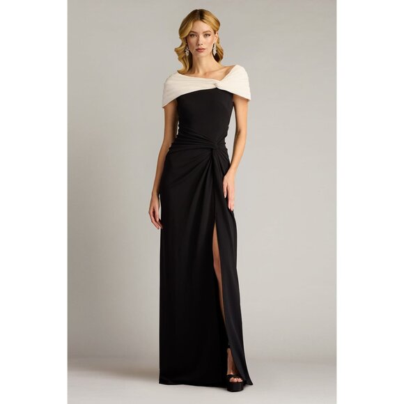 TADASHI SHOJI Perkins Asymmetric Draped Gown in Black/ Ivory Size Medium
